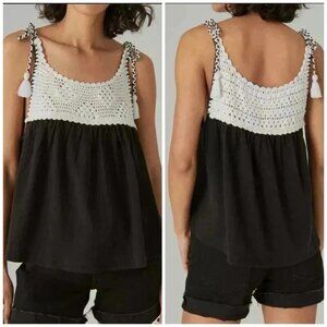 Lucky Brand Boho Black Crochet Tie Shoulder Sleeveless Cami Tank Top S New